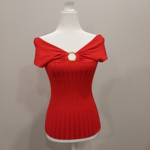 Cache Sweaters - Caché Red Silk And Spandex Off Shoulder Ribbed Sweater Size Medium